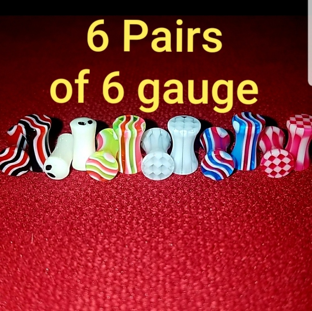 6 Pairs 6g Plugs Earrings Checker Alien Wave